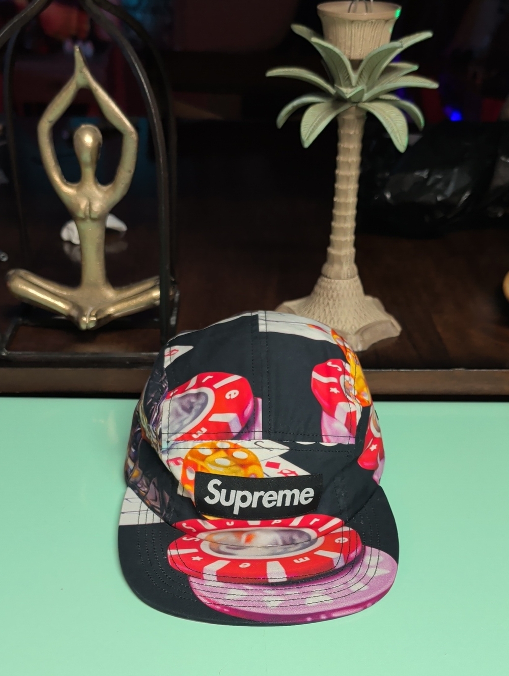 Supreme Black Cap with Red, Pink, Orange & Purple Poker Chip Print